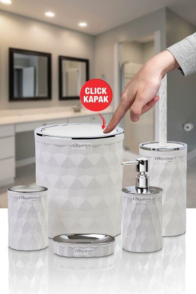 Okyanus Home Diamond Beyaz Kromlu Click Kapak 5'li Banyo Seti