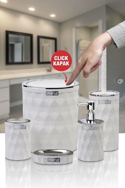 Okyanus Home Diamond Beyaz Kromlu Click Kapak 5'li Banyo Seti
