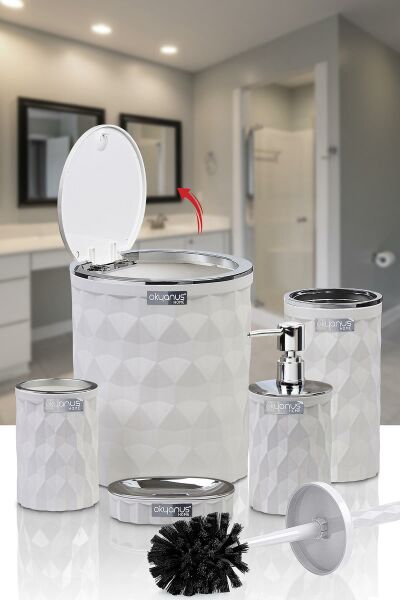 Okyanus Home Diamond Beyaz Kromlu Click Kapak 5'li Banyo Seti