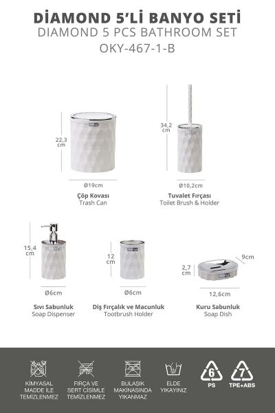 Okyanus Home Diamond Beyaz Kromlu Click Kapak 5'li Banyo Seti