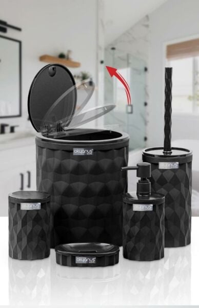 Okyanus Home Diamond Siyah Click Kapak 5'li Banyo Seti