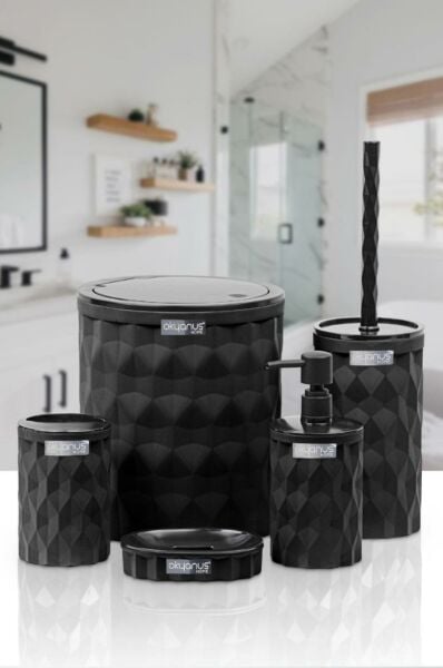 Okyanus Home Diamond Siyah Click Kapak 5'li Banyo Seti