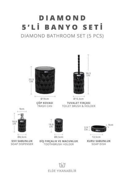 Okyanus Home Diamond Siyah Click Kapak 5'li Banyo Seti