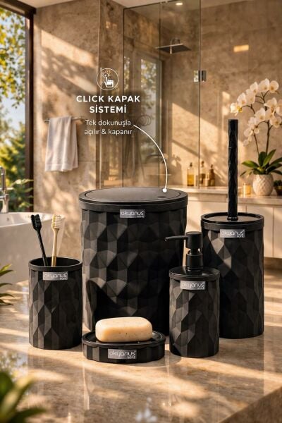 Okyanus Home Diamond Siyah Click Kapak 5'li Banyo Seti