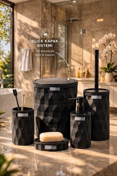 Okyanus Home Diamond Siyah Click Kapak 5'li Banyo Seti