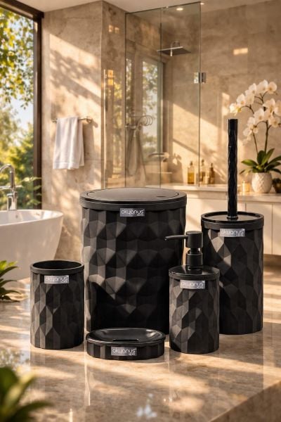 Okyanus Home Diamond Siyah Click Kapak 5'li Banyo Seti