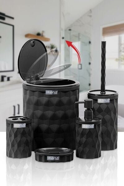 Okyanus Home Diamond Siyah Click Kapak 5'li Banyo Seti