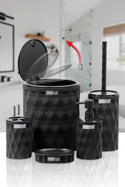 Okyanus Home Diamond Siyah Click Kapak 5'li Banyo Seti