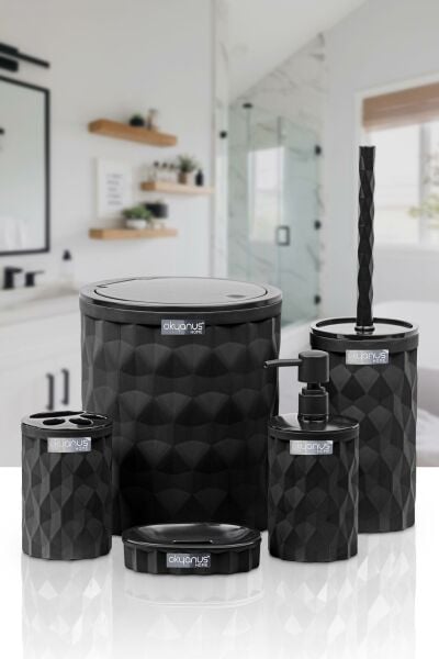 Okyanus Home Diamond Siyah Click Kapak 5'li Banyo Seti