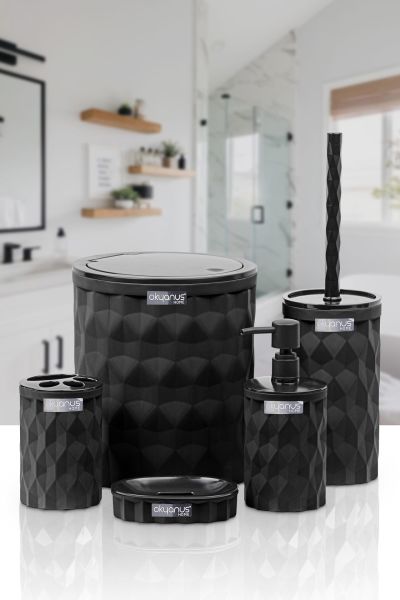 Okyanus Home Diamond Siyah Click Kapak 5'li Banyo Seti