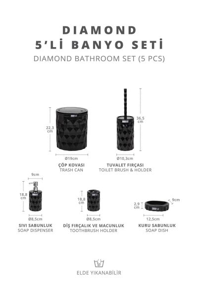 Okyanus Home Diamond Siyah Click Kapak 5'li Banyo Seti