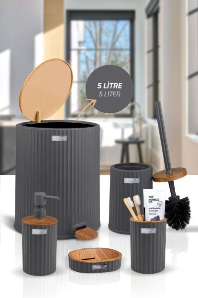 Okyanus Home Coliseum Antrasit Ahşap Desenli Kovalı Pedallı 5'li Banyo Seti