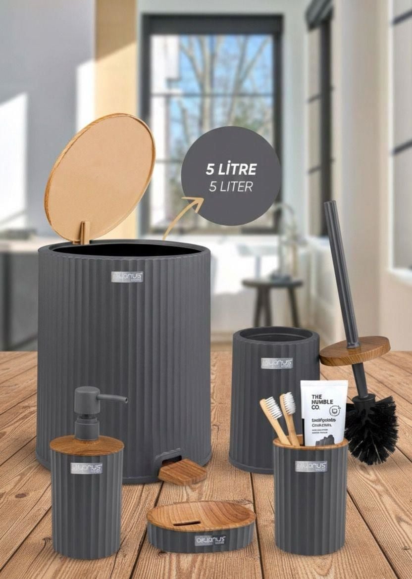 Okyanus Home Coliseum Antrasit Ahşap Desenli Kovalı Pedallı 5'li Banyo Seti