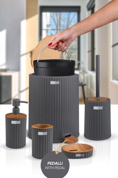 Okyanus Home Coliseum Antrasit Ahşap Desenli Kovalı Pedallı 5'li Banyo Seti