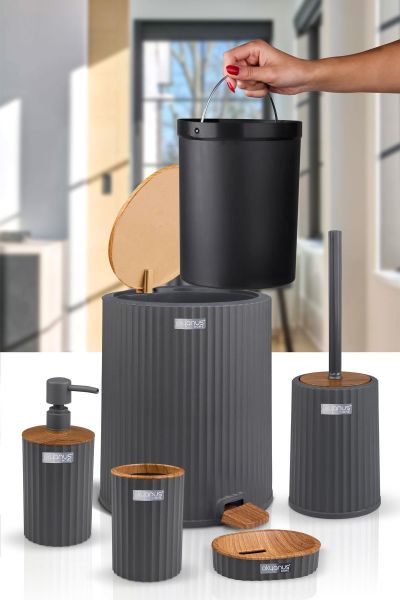 Okyanus Home Coliseum Antrasit Ahşap Desenli Kovalı Pedallı 5'li Banyo Seti