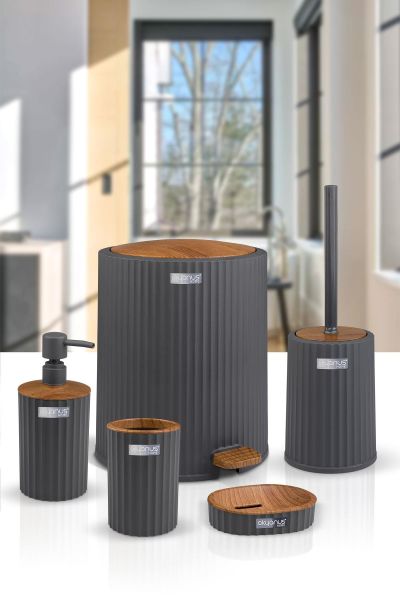 Okyanus Home Coliseum Antrasit Ahşap Desenli Kovalı Pedallı 5'li Banyo Seti