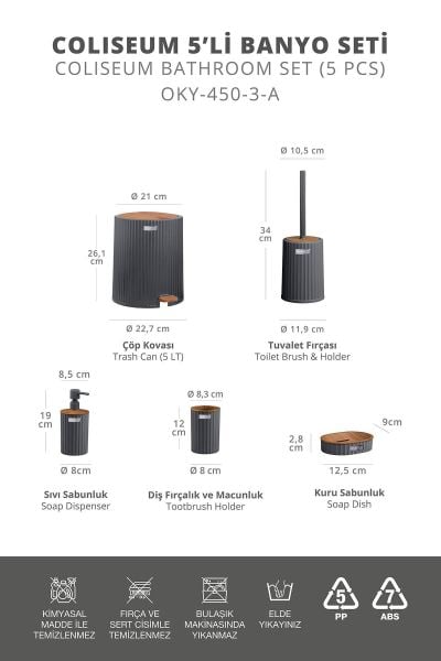 Okyanus Home Coliseum Antrasit Ahşap Desenli Kovalı Pedallı 5'li Banyo Seti
