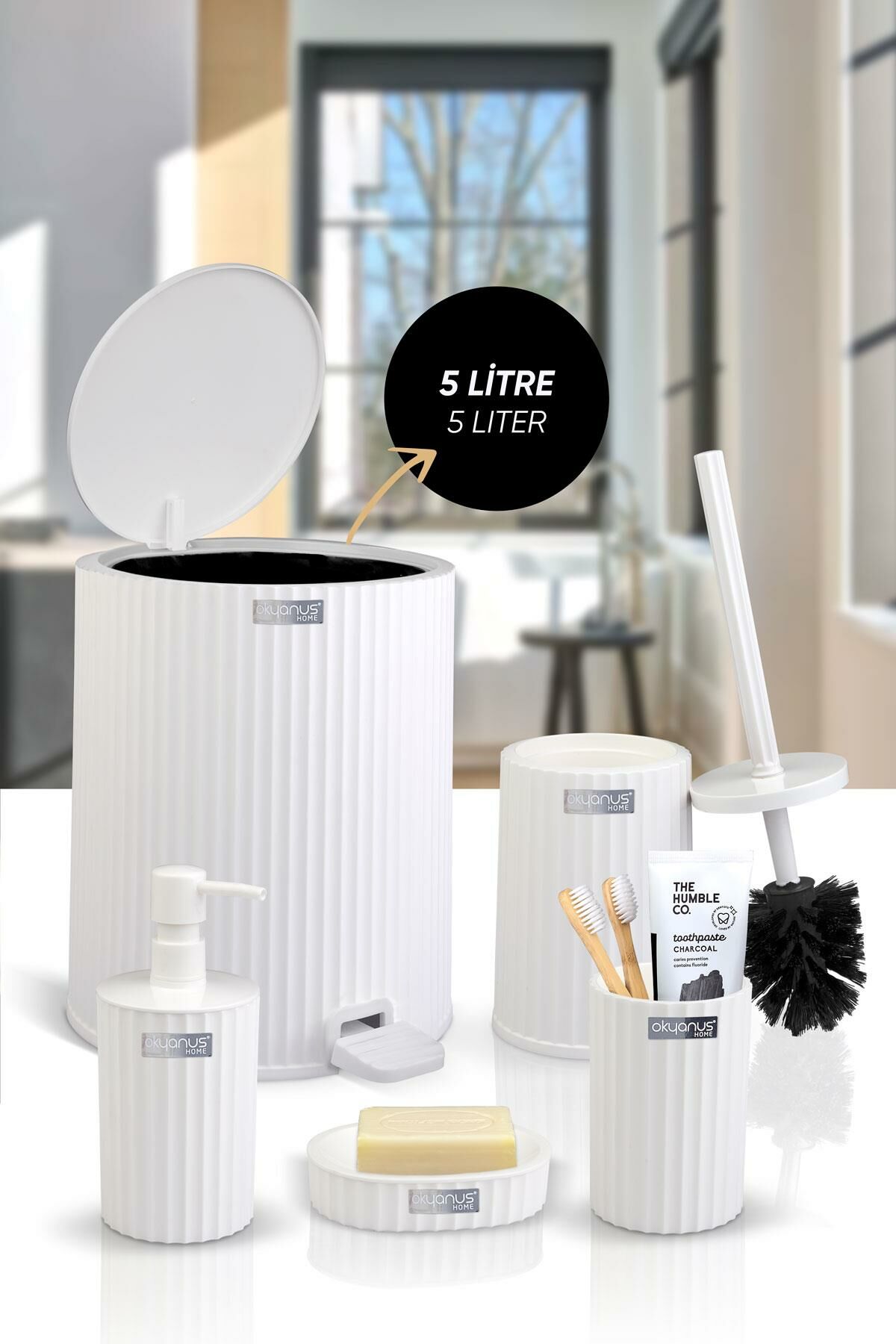 Okyanus Home Coliseum Beyaz İç Kovalı Pedallı 5'li Banyo Seti