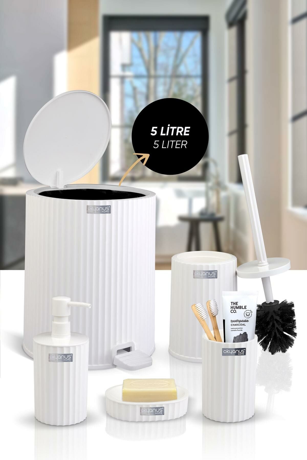 Okyanus Home Coliseum Beyaz İç Kovalı Pedallı 5'li Banyo Seti