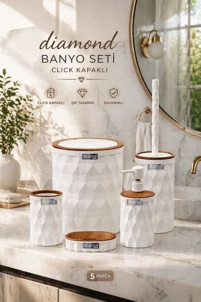 Okyanus Home Diamond Beyaz Ahşap Click Kapak 5'li Banyo Seti