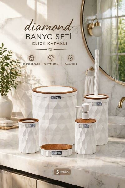 Okyanus Home Diamond Beyaz Ahşap Click Kapak 5'li Banyo Seti