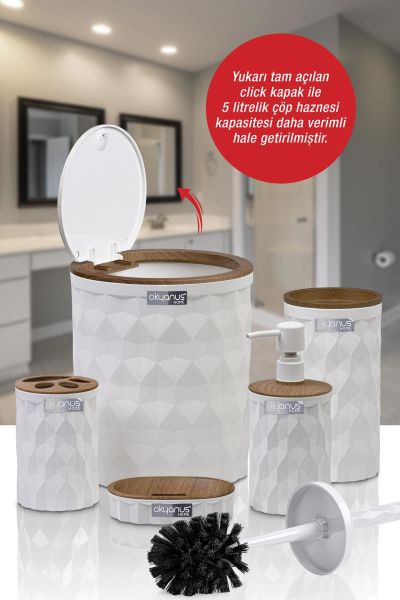 Okyanus Home Diamond Beyaz Ahşap Click Kapak 5'li Banyo Seti