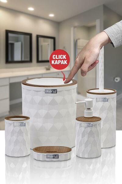 Okyanus Home Diamond Beyaz Ahşap Click Kapak 5'li Banyo Seti