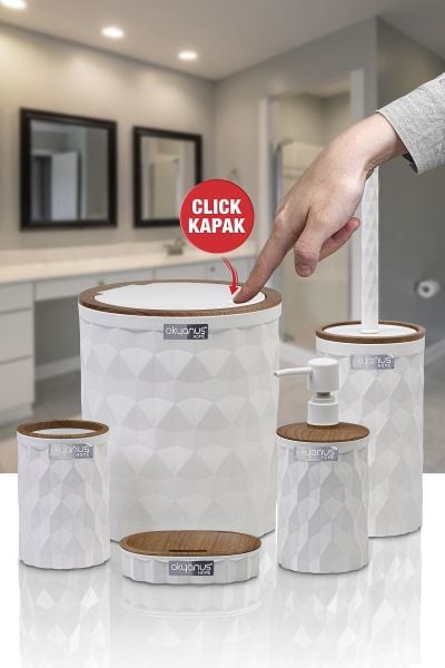 Okyanus Home Diamond Beyaz Ahşap Click Kapak 5'li Banyo Seti
