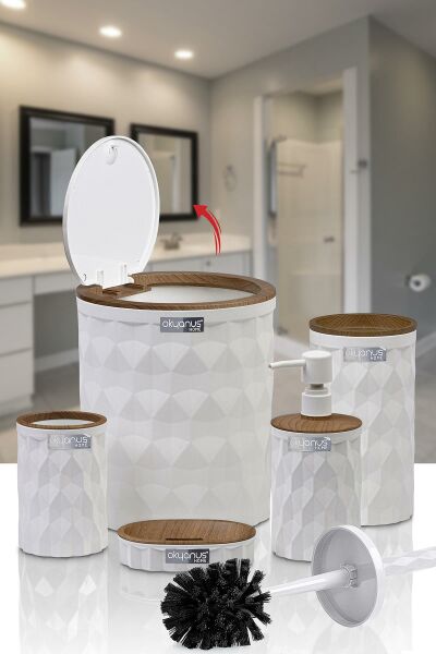 Okyanus Home Diamond Beyaz Ahşap Click Kapak 5'li Banyo Seti