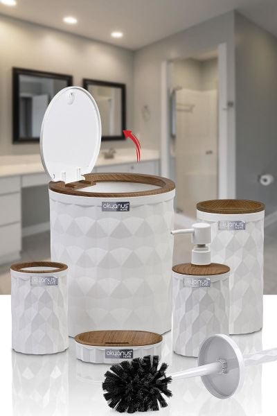 Okyanus Home Diamond Beyaz Ahşap Click Kapak 5'li Banyo Seti