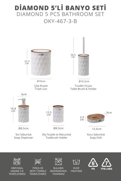 Okyanus Home Diamond Beyaz Ahşap Click Kapak 5'li Banyo Seti