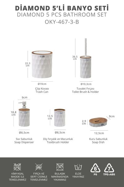 Okyanus Home Diamond Beyaz Ahşap Click Kapak 5'li Banyo Seti