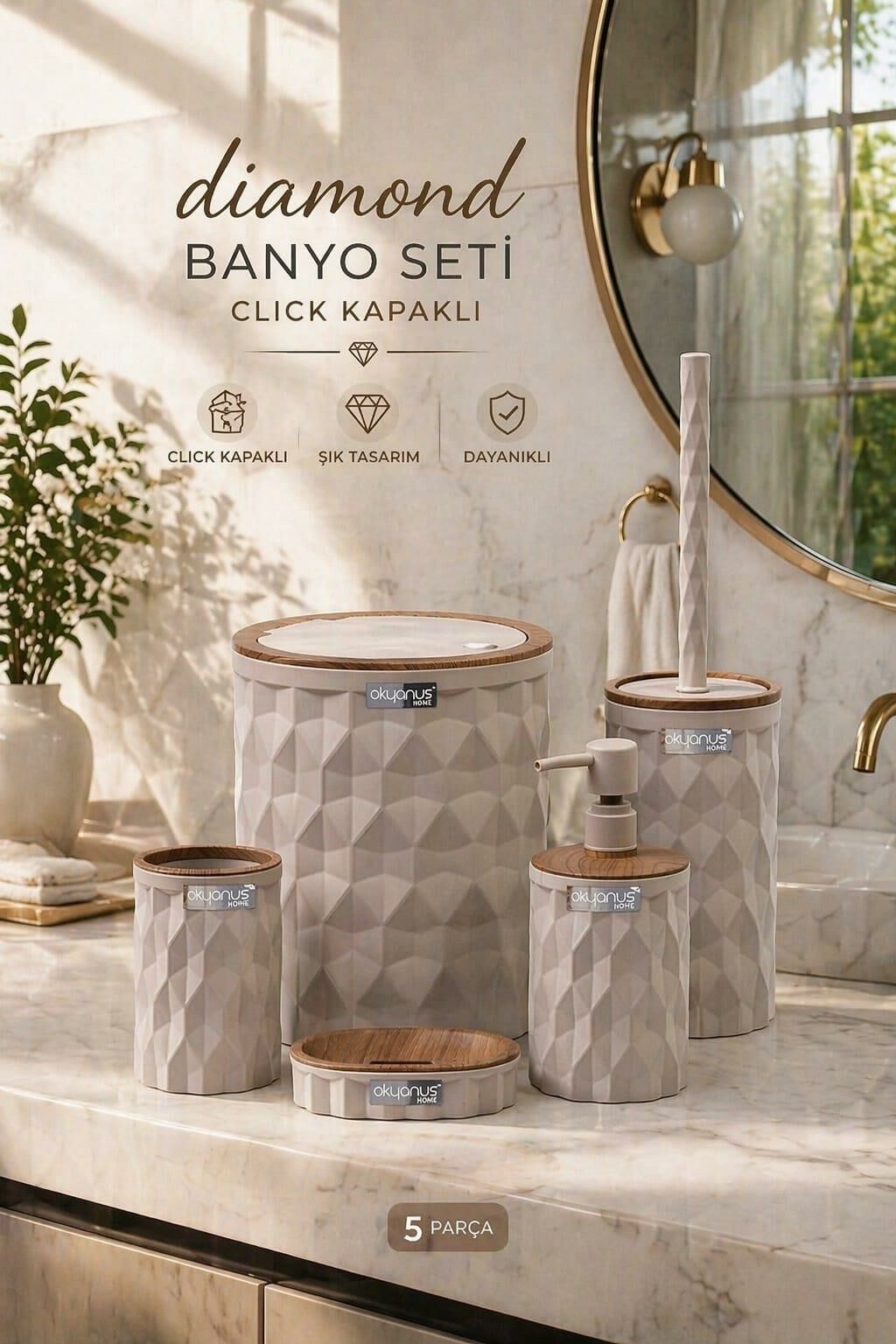 Okyanus Home Diamond Vizon Ahşap Click Kapak 5'li Banyo Seti