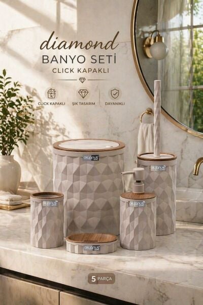 Okyanus Home Diamond Vizon Ahşap Click Kapak 5'li Banyo Seti