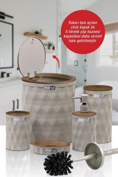 Okyanus Home Diamond Vizon Ahşap Click Kapak 5'li Banyo Seti