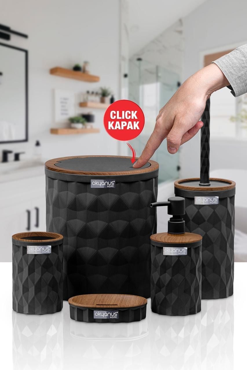 Okyanus Home Diamond Siyah Ahşap Click Kapak 5'li Banyo Seti