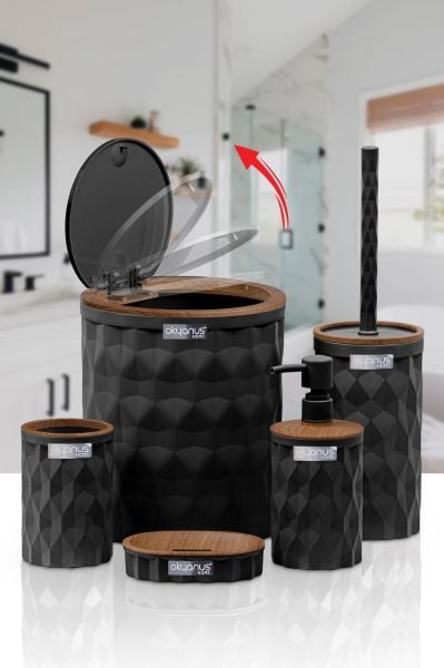 Okyanus Home Diamond Siyah Ahşap Click Kapak 5'li Banyo Seti