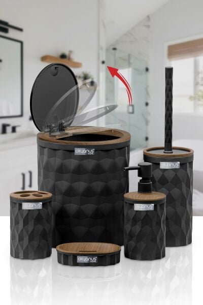 Okyanus Home Diamond Siyah Ahşap Click Kapak 5'li Banyo Seti