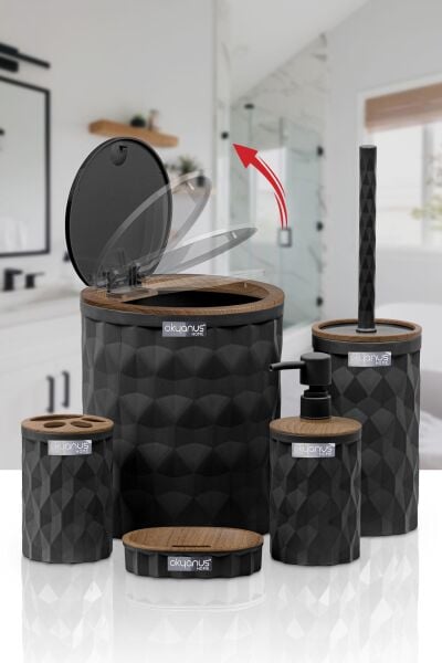 Okyanus Home Diamond Siyah Ahşap Click Kapak 5'li Banyo Seti