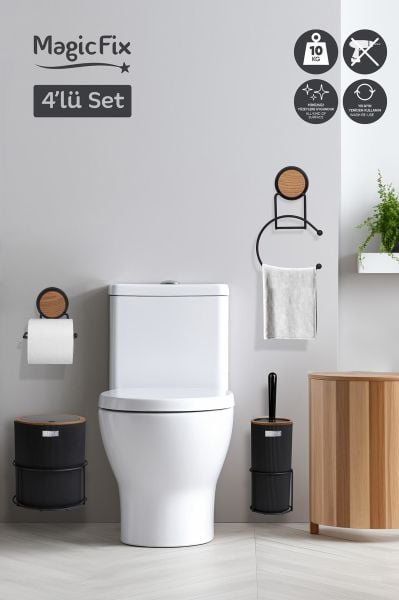 Okyanus Home Siyah Magic Fix Askılı Yuvarlak Ahşap Mina 4'lü Set