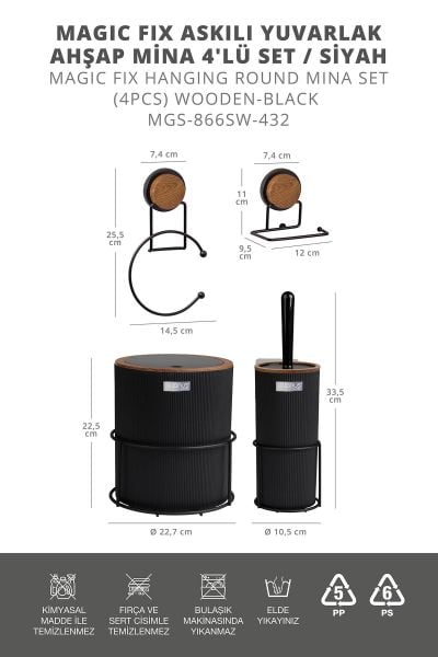 Okyanus Home Siyah Magic Fix Askılı Yuvarlak Ahşap Mina 4'lü Set