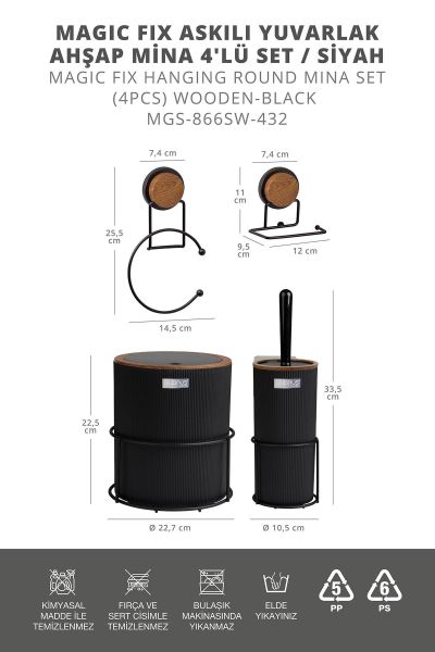 Okyanus Home Siyah Magic Fix Askılı Yuvarlak Ahşap Mina 4'lü Set
