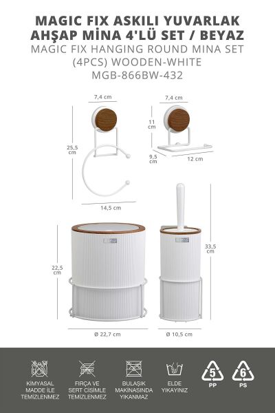 Okyanus Home Beyaz Magic Fix Askılı Yuvarlak Ahşap Mina 4'lü Set