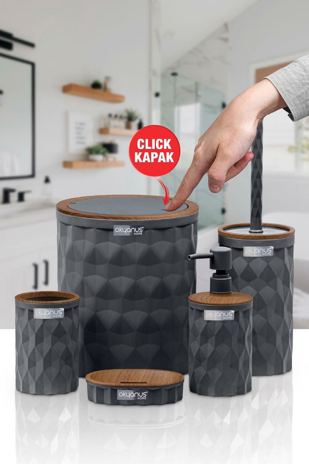 Okyanus Home Diamond Antrasit Ahşap Click Kapak 5'li Banyo Seti