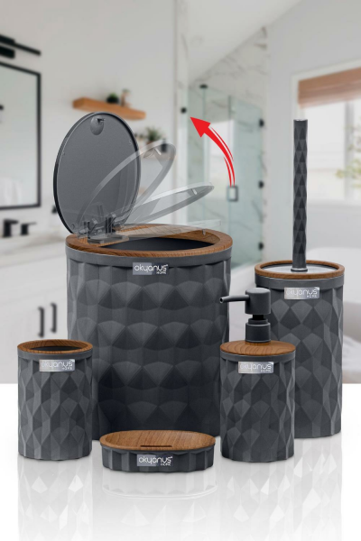 Okyanus Home Diamond Antrasit Ahşap Click Kapak 5'li Banyo Seti