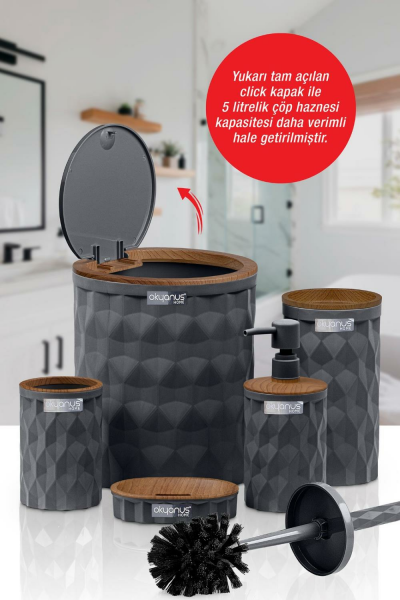 Okyanus Home Diamond Antrasit Ahşap Click Kapak 5'li Banyo Seti