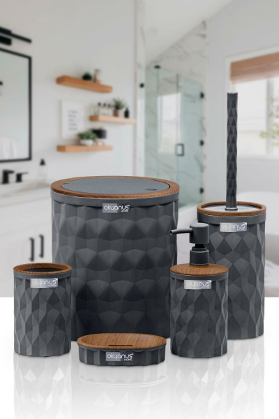 Okyanus Home Diamond Antrasit Ahşap Click Kapak 5'li Banyo Seti