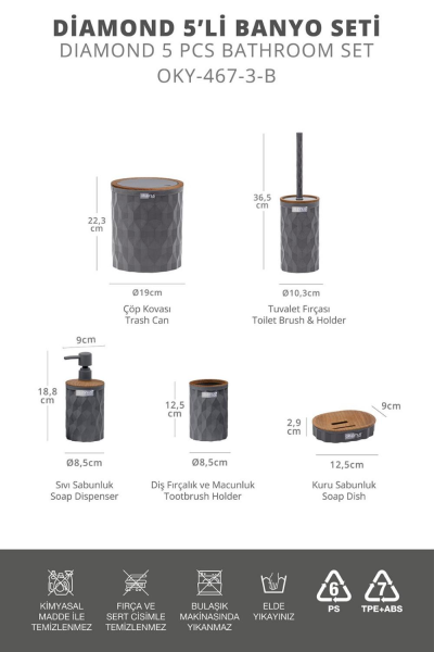 Okyanus Home Diamond Antrasit Ahşap Click Kapak 5'li Banyo Seti