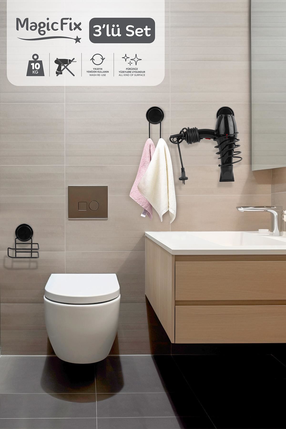 Okyanus Home Siyah Magic Fix Banyo Düzenleyici 3'lü Set-  İkili Askı - WC Kağıtlık - Saç Kurutmalık Askısı