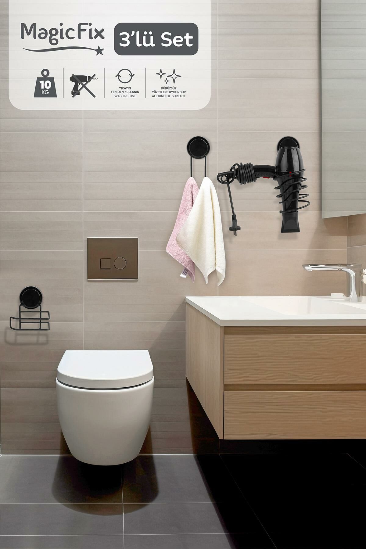 Okyanus Home Siyah Magic Fix Banyo Düzenleyici 3'lü Set-  İkili Askı - WC Kağıtlık - Saç Kurutmalık Askısı